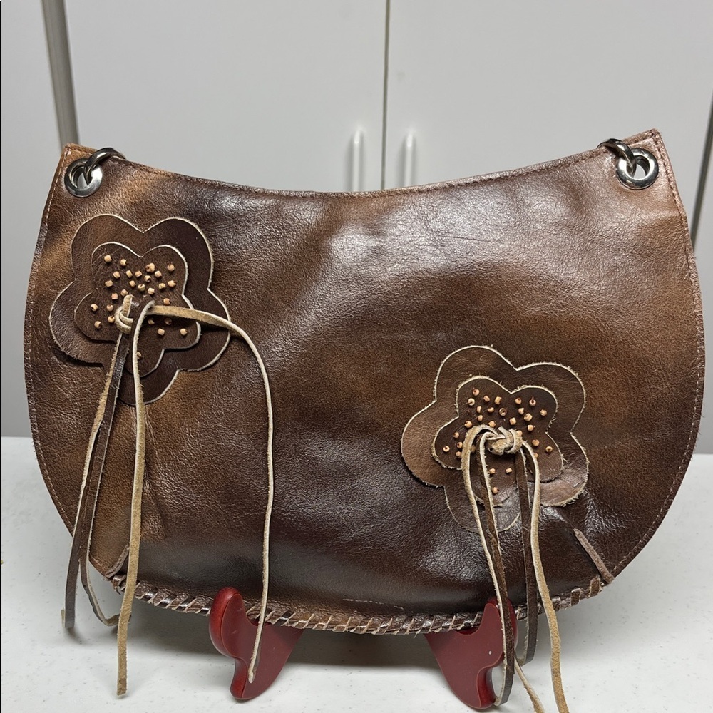 Vintage Pagino Brown Leather Boho Shoulder Bag Floral Applique Hobo Purse